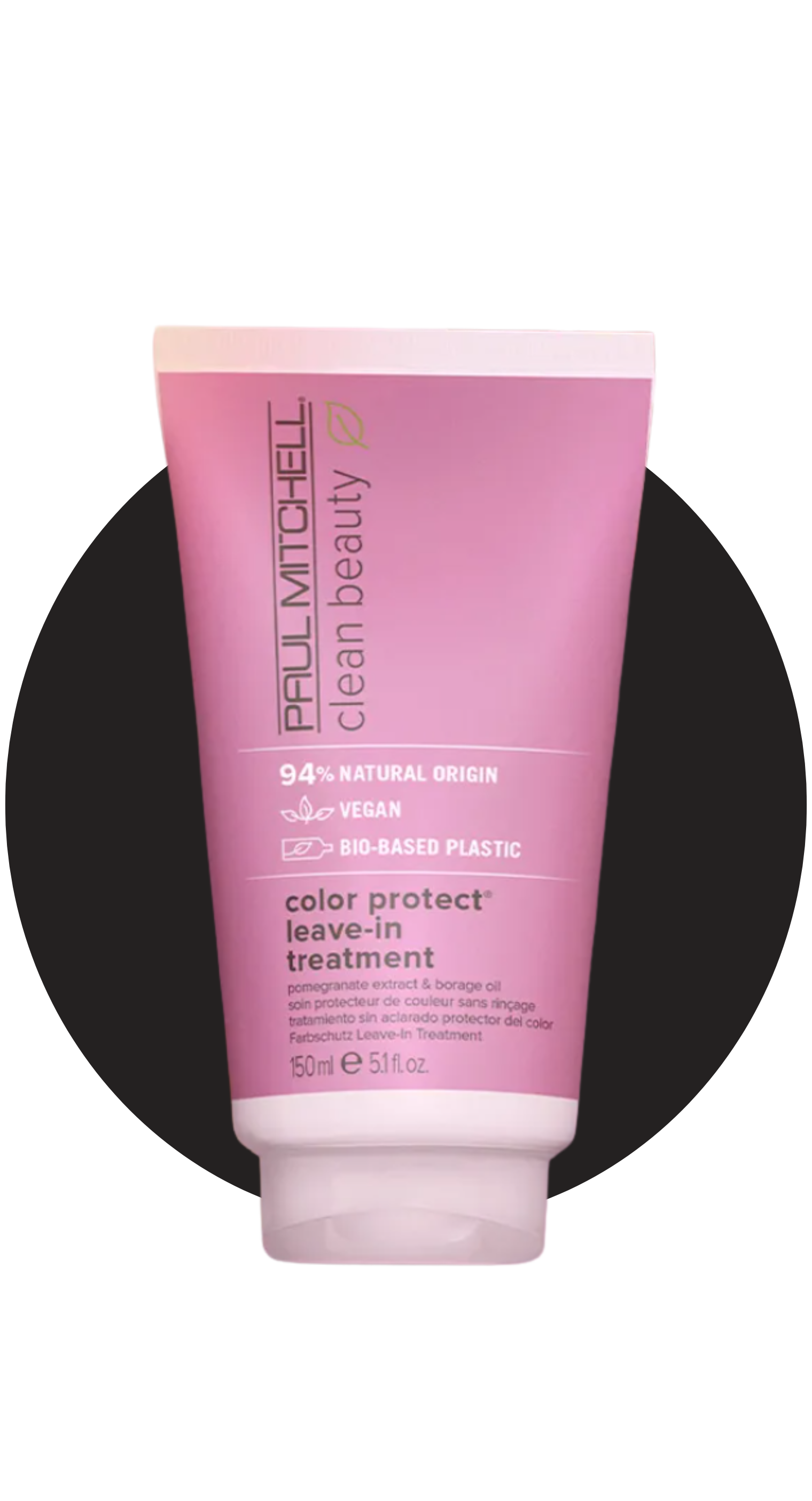 Pink tube of Paul Mitchell Clean Beauty Color Protect leave-in treatment with 94% natural origin and vegan bio-based plastic packaging.