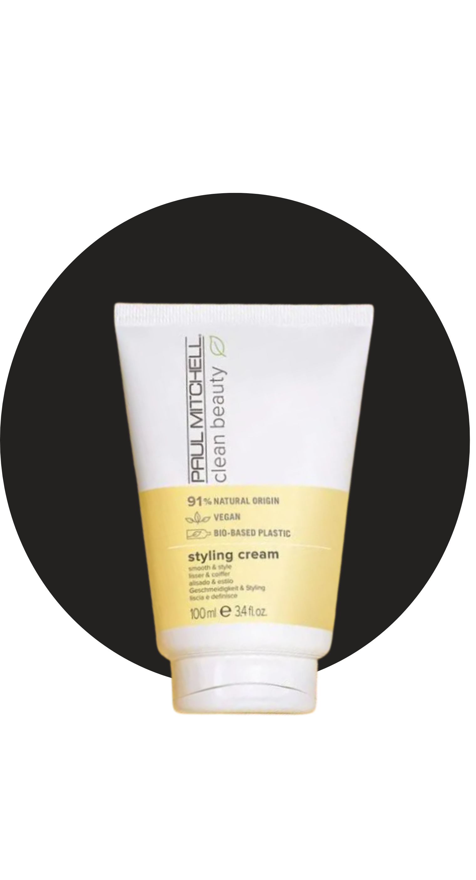 Tube of Paul Mitchell Clean Beauty styling cream with 91% natural origin, vegan, and bio-based plastic, 100 ml.