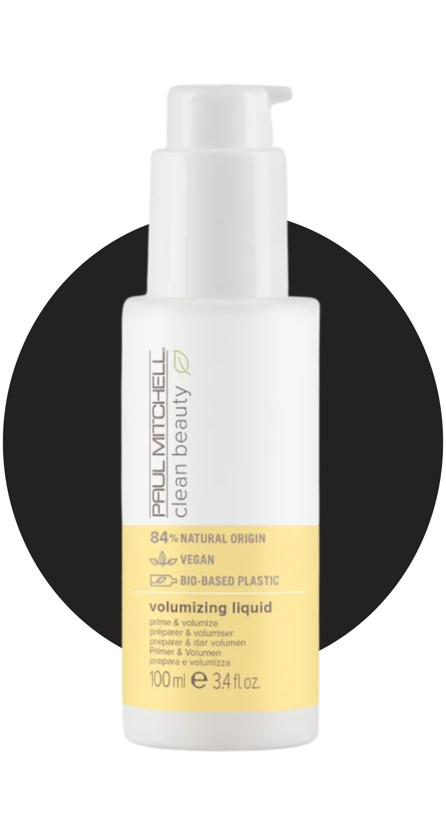 Bottle of Paul Mitchell Clean Beauty volumizing liquid with pump dispenser and yellow label.