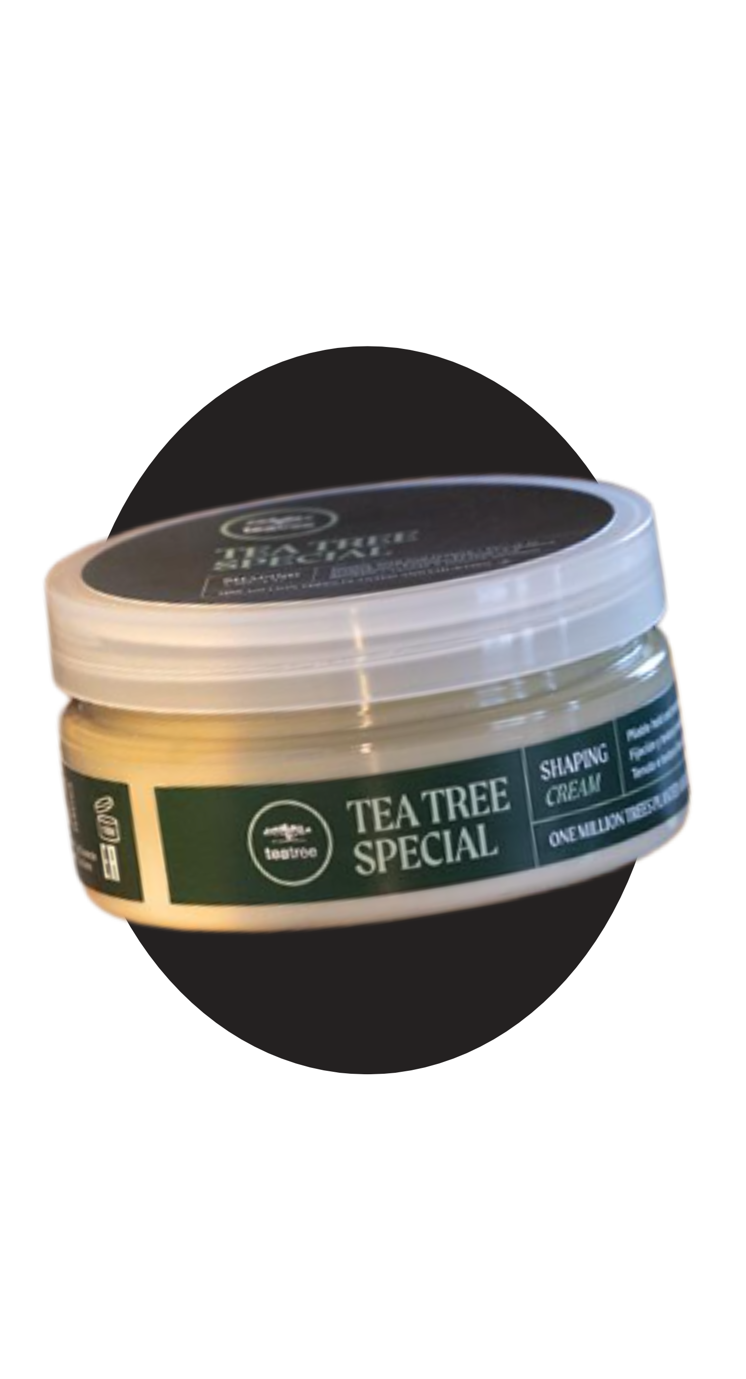 Container of Tea Tree Special shaping cream with a dark green label and a white lid.