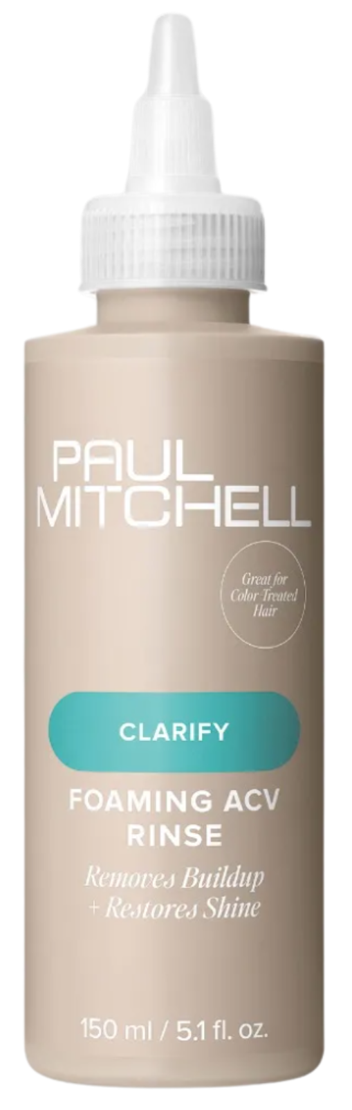 Paul Mitchell Clarify Foaming ACV Rinse bottle, 150 ml, designed to remove buildup and restore shine in color-treated hair.