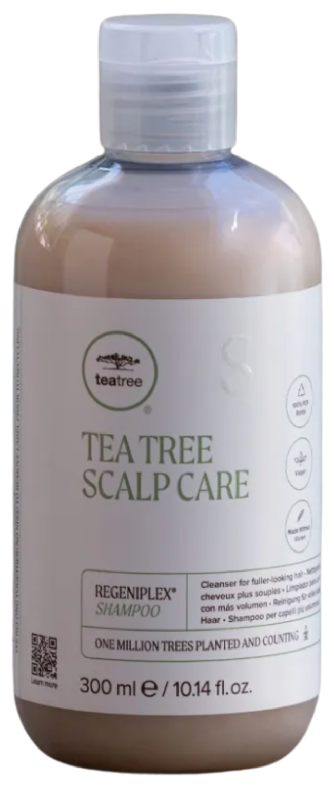 Bottle of Tea Tree Scalp Care shampoo with Regeniplex for fuller-looking hair, 300 ml.