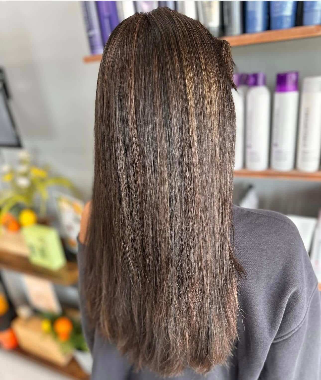 Back view of a person with long, straight brown hair with subtle highlights in a salon setting.
