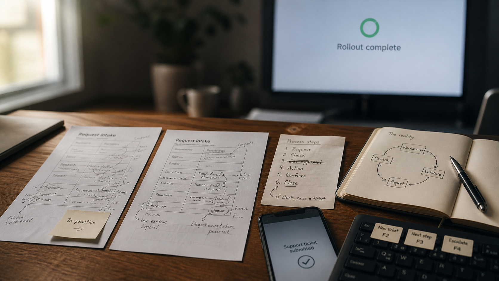 Printed process maps covered in handwritten annotations, a sticky note reading In practice, and a notebook headed The reality showing a loop of workaround, validate, report and rework. A monitor behind reads Rollout complete.