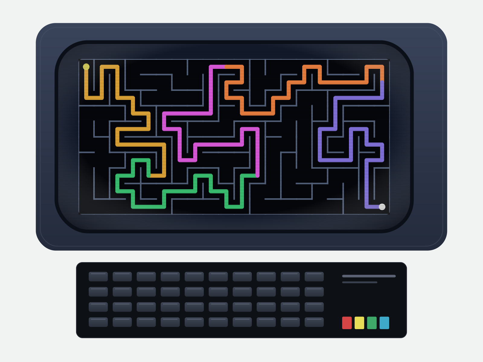 A maze on the screen of an 8-bit home computer, with one route through it picked out in the five Five pillar colours.