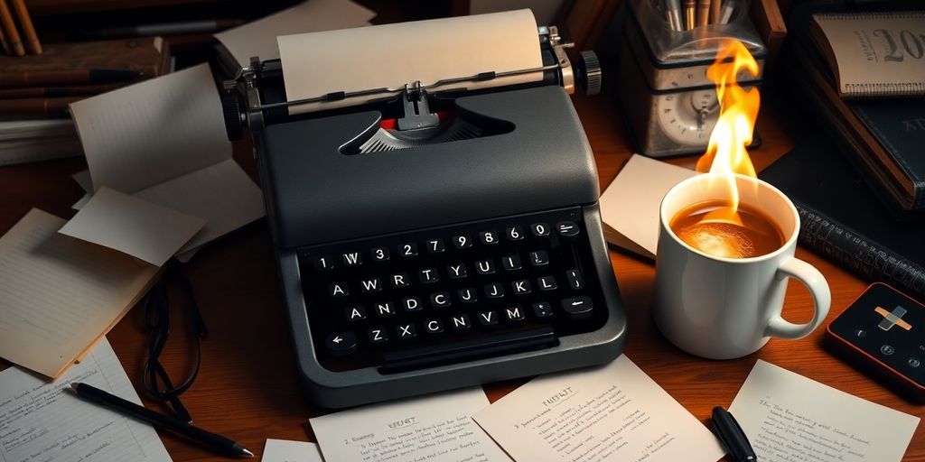 Typewriter, notes, and coffee in a creative workspace.