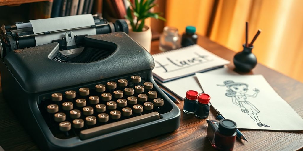 Writer's desk with typewriter, ink pots, and sketches.