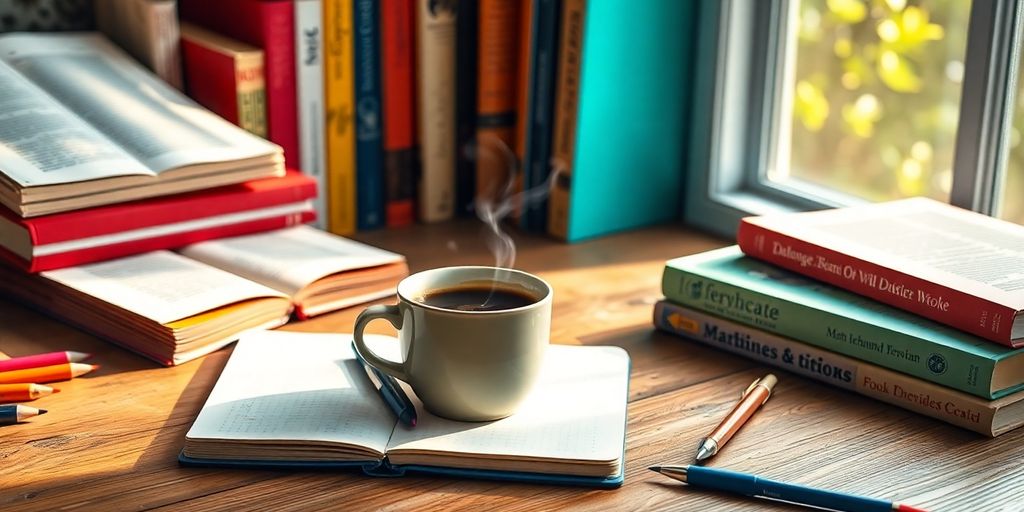 Workspace with notebook, coffee, and colorful pens for writing.
