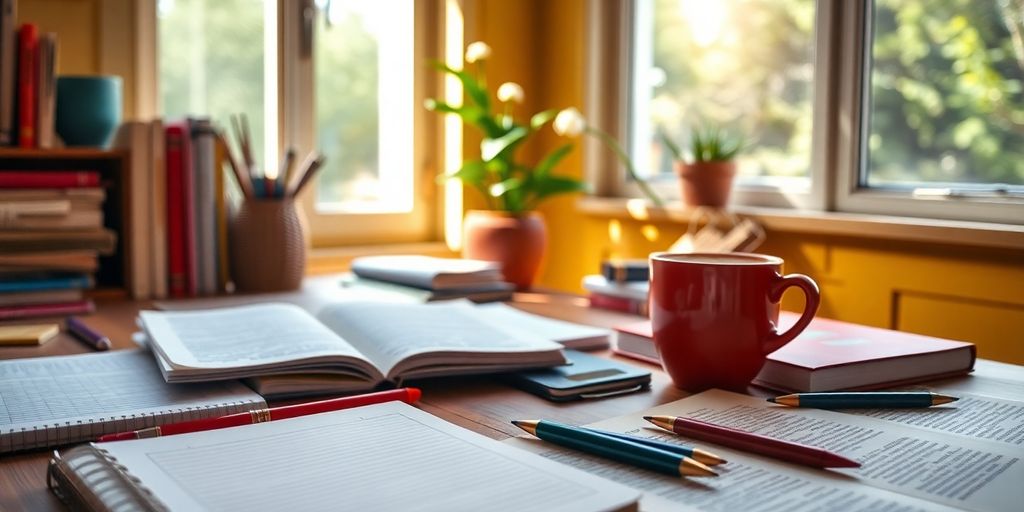 Cozy writing space with notebooks, pens, and coffee.