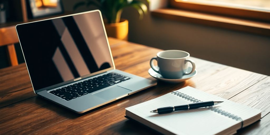 Cozy writing setup with laptop, notebook, and coffee.