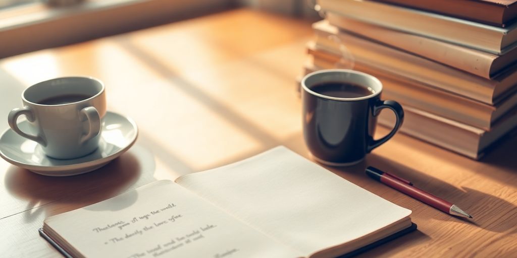 Cozy writing workspace with books and coffee.