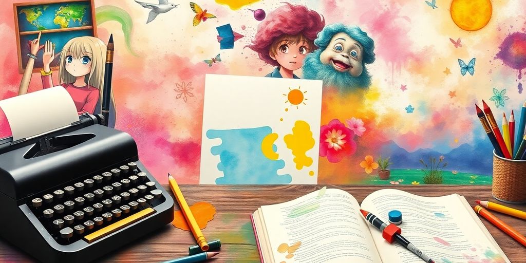 Collage of typewriter, notebook, paints, and illustrations.