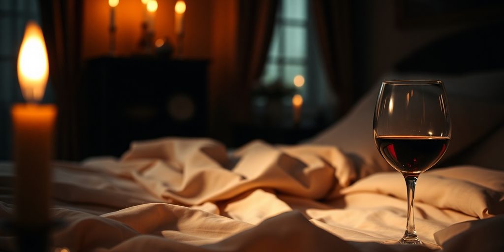 Romantic candlelit room with cozy bed and wine.