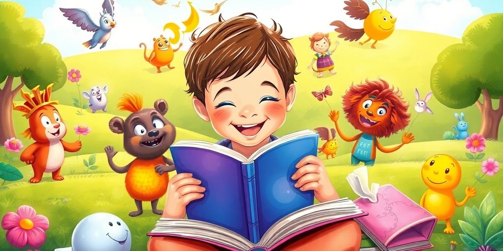 Child reading with playful characters in a colorful setting.