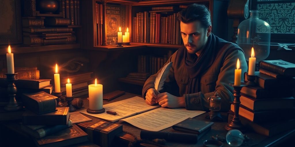 Fantasy writer crafting stories in a magical setting.