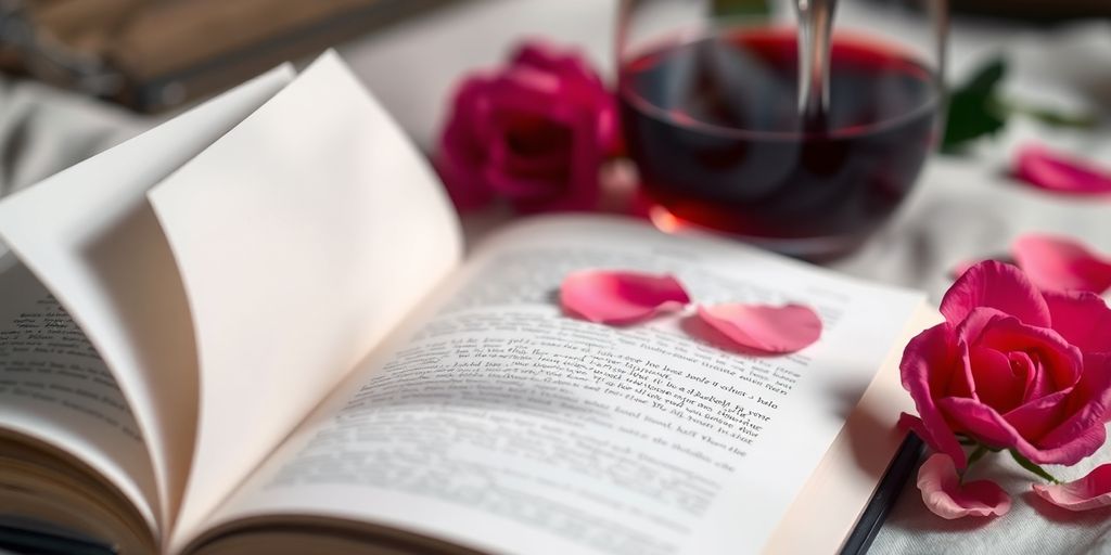 Open book with romantic lighting and rose petals.