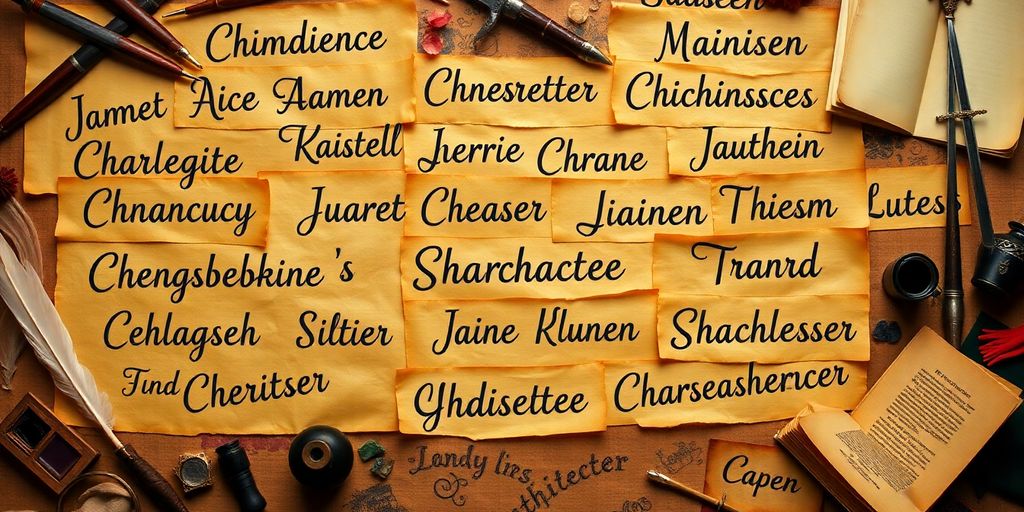 Colorful character names on parchment with quills and fantasy items.