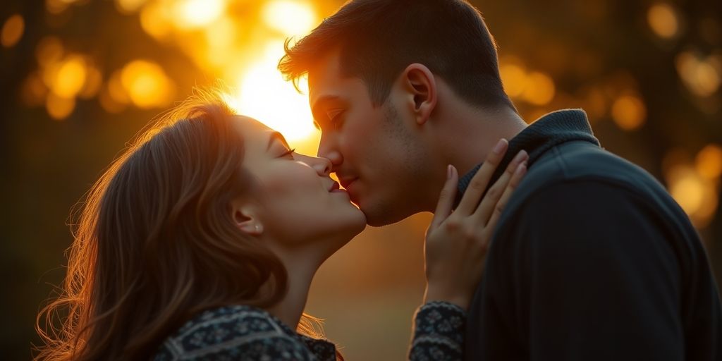 Couple sharing a romantic kiss at sunset.
