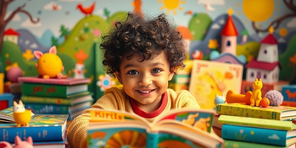 Child surrounded by colorful books and magical creatures.