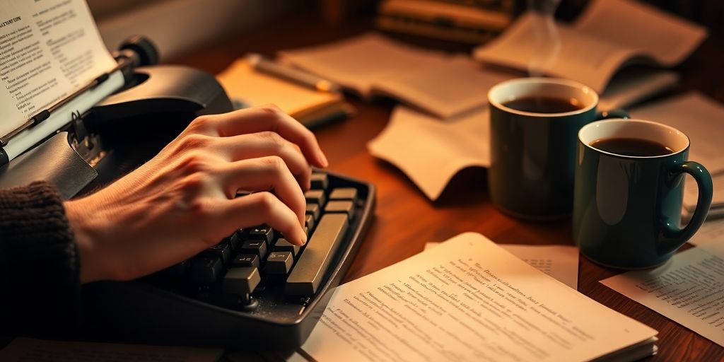 Writer typing on a typewriter with scattered papers.