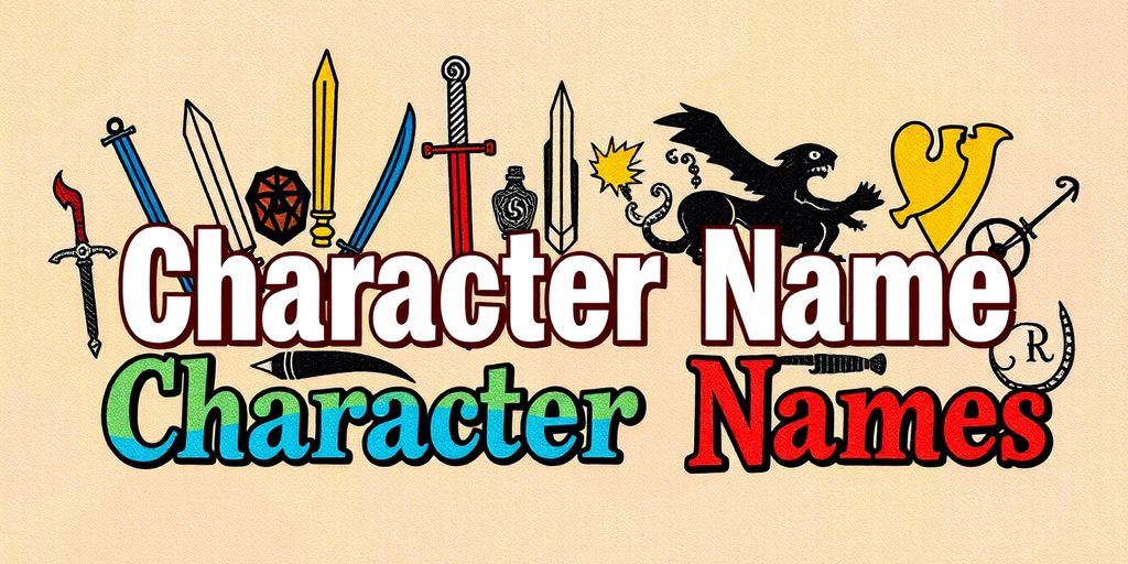 Colorful collage of character names and fantasy elements.