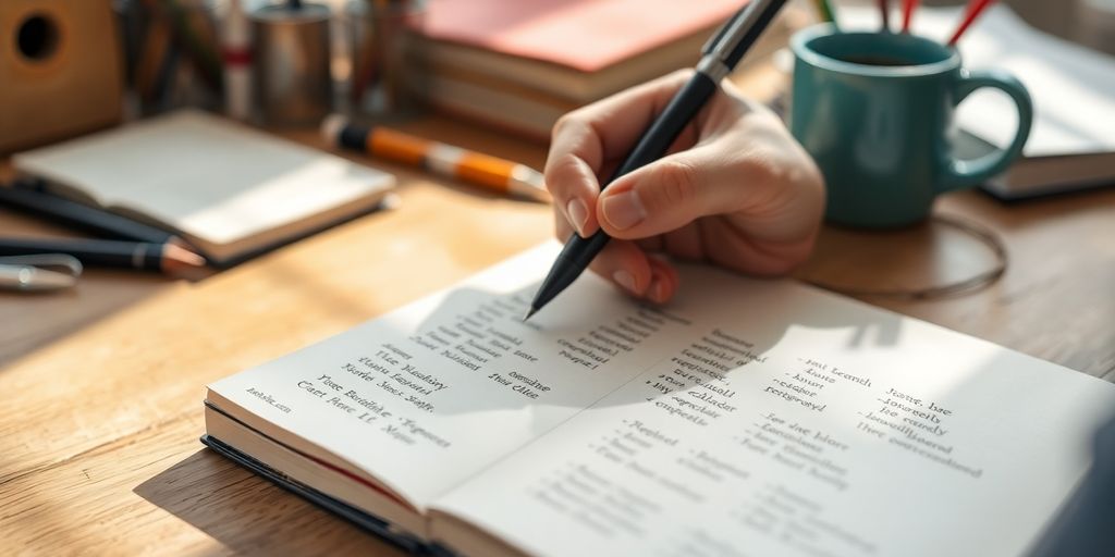 A writer's hand with a pen over a notebook.
