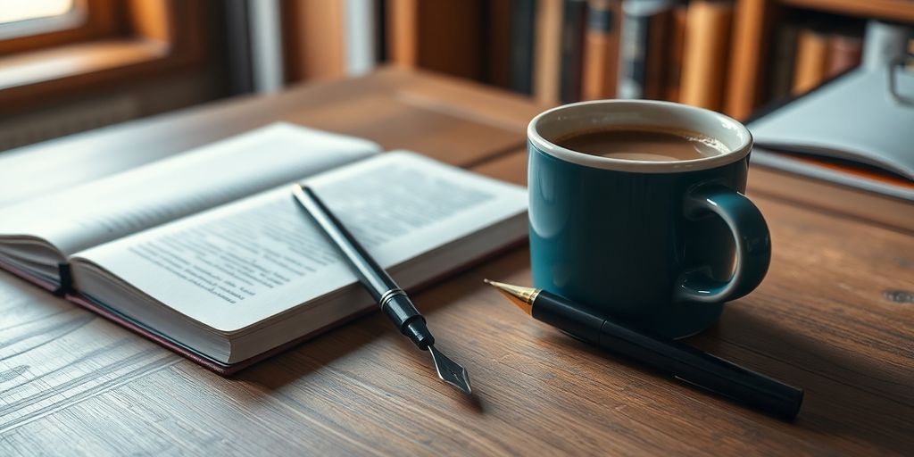 Writer's desk with notebook, pen, and coffee.