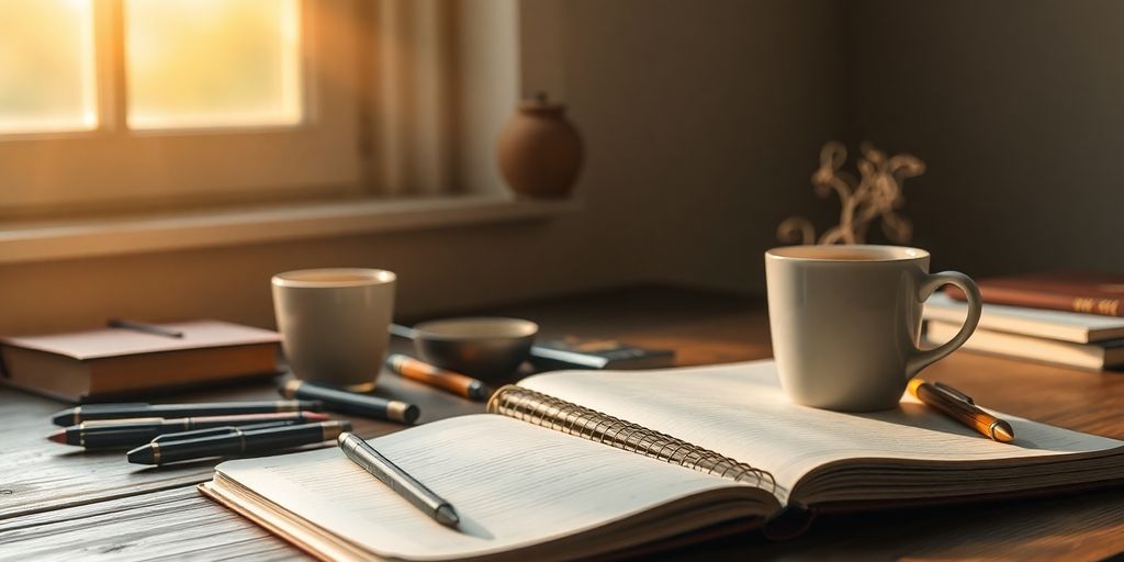 A cozy writing desk with a notebook and coffee.