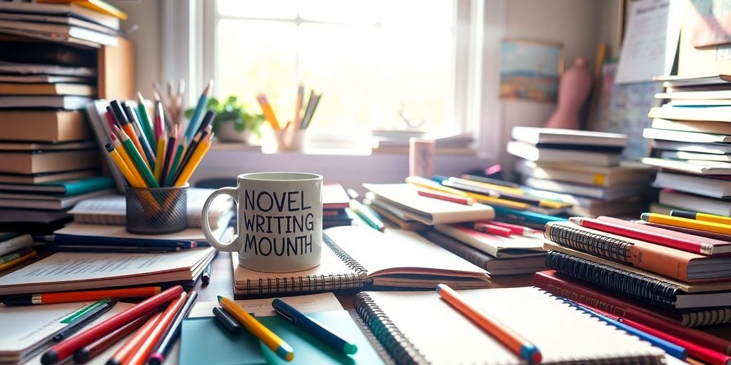 Cozy workspace with notebooks and colorful pens.