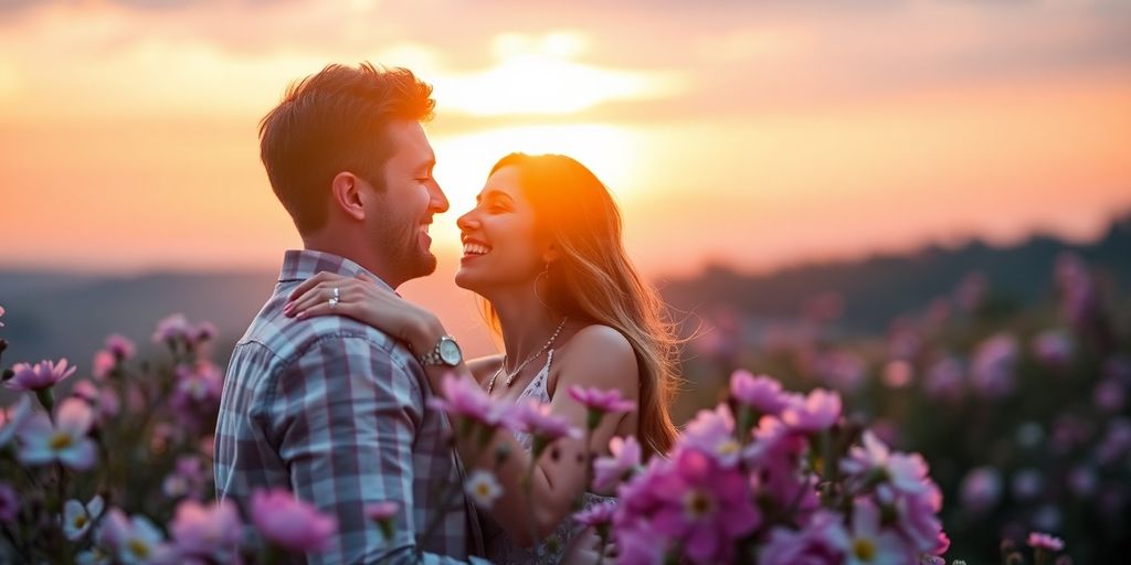 Couple embracing at sunset in a romantic setting.