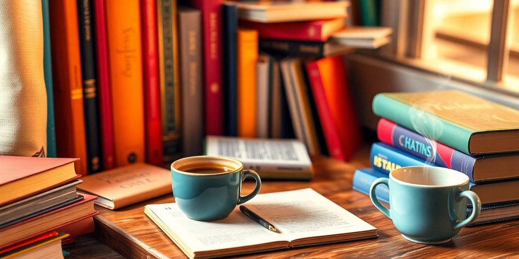 Cozy writing space with books and coffee.