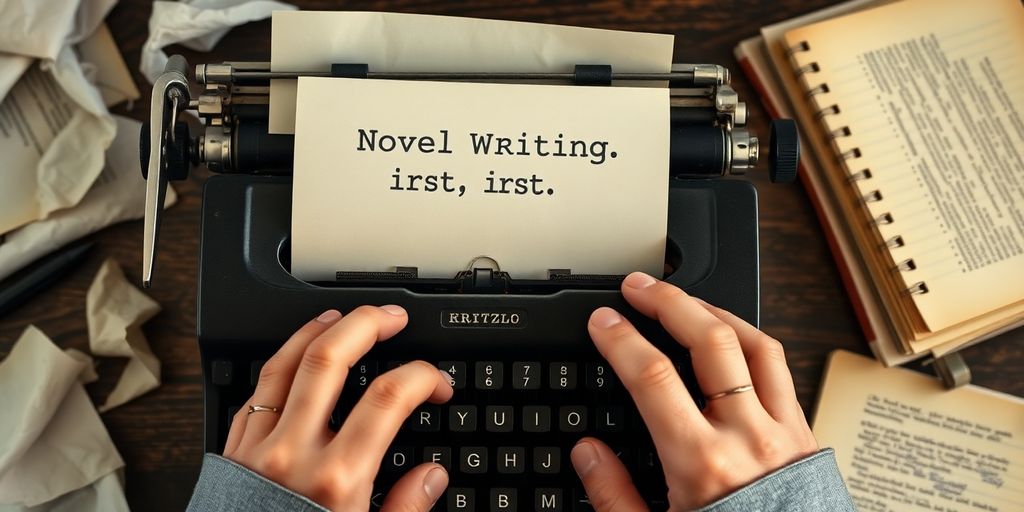 Writer typing on a typewriter with scattered notes around.