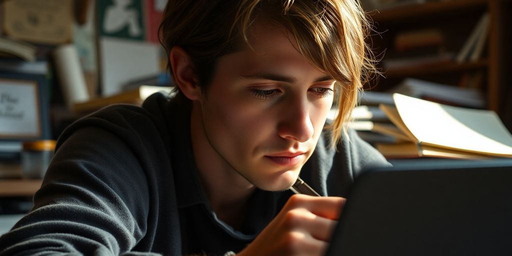 Writer in thought, surrounded by notebooks and laptop.