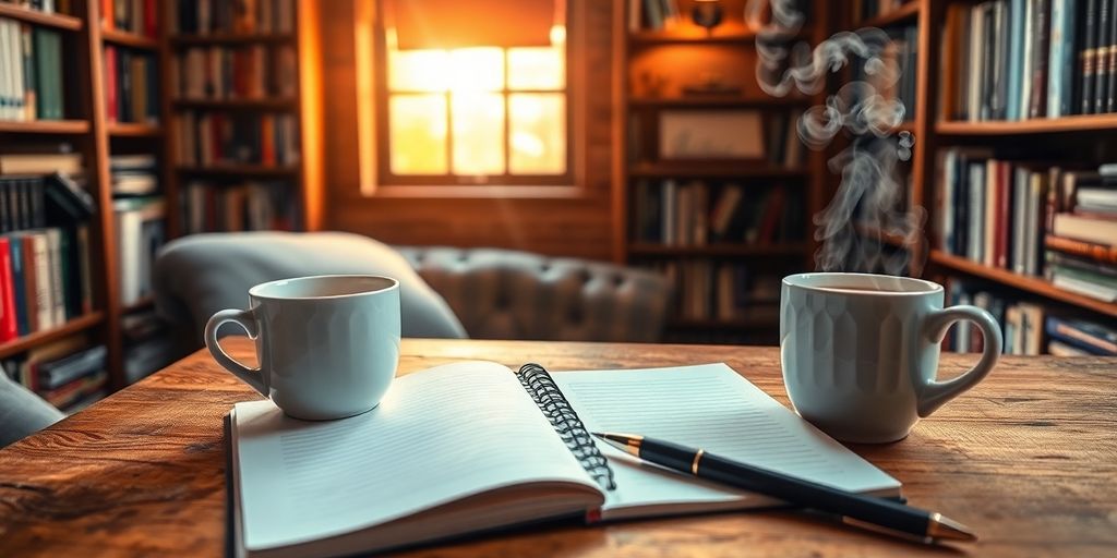 Cozy writing nook with notebook, pen, and coffee.