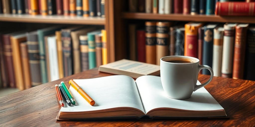 Cozy writing space with notebook and coffee cup.