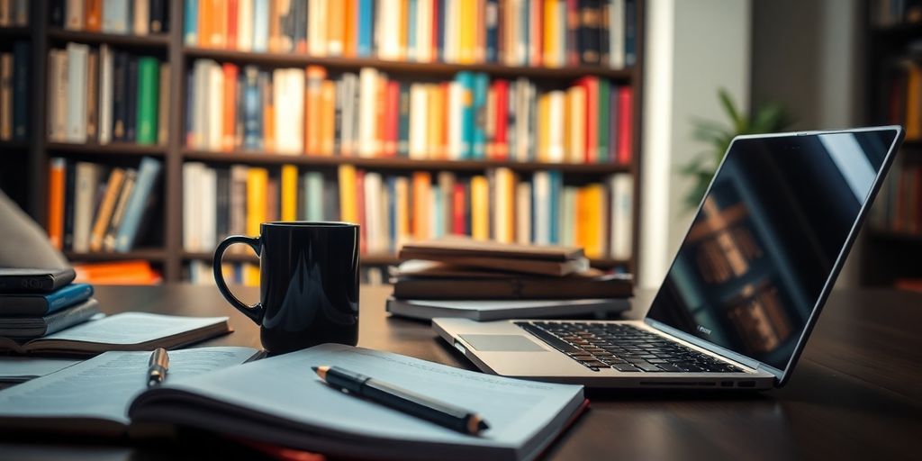 Cozy workspace with books, laptop, and coffee cup.