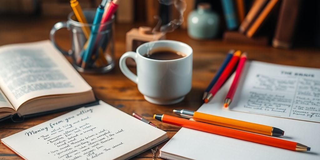 Cozy workspace with notebook, pens, and coffee.