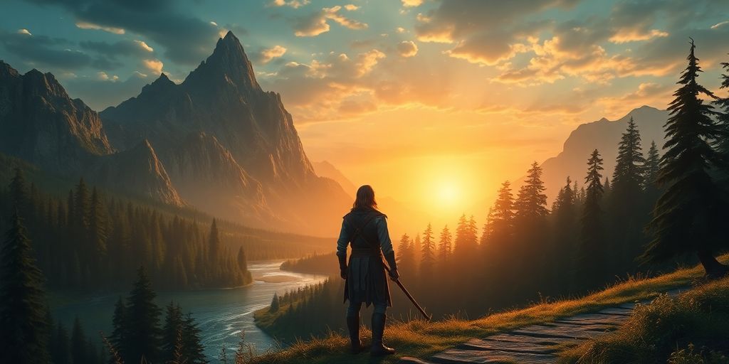 A fantasy landscape with a forest and sunset.
