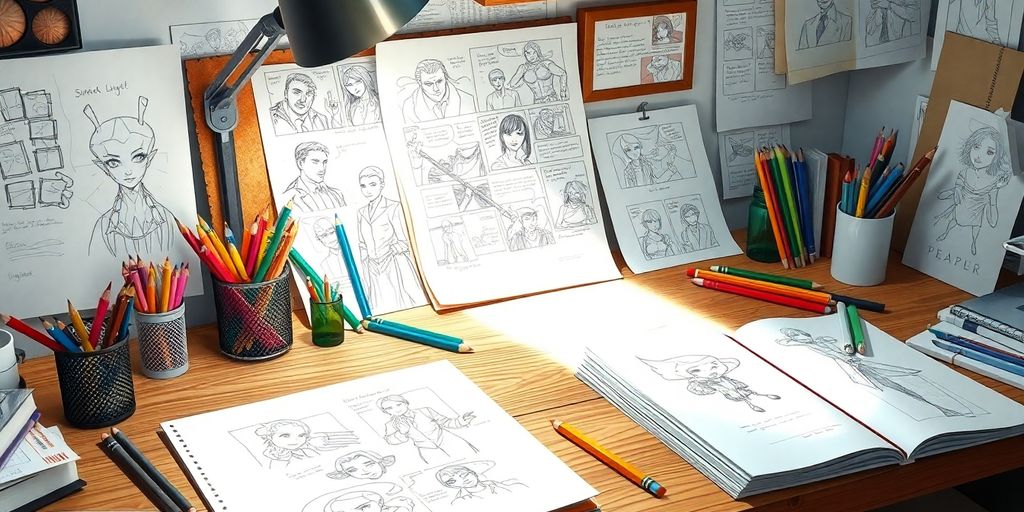 Artist's workspace for creating graphic novels and illustrations.