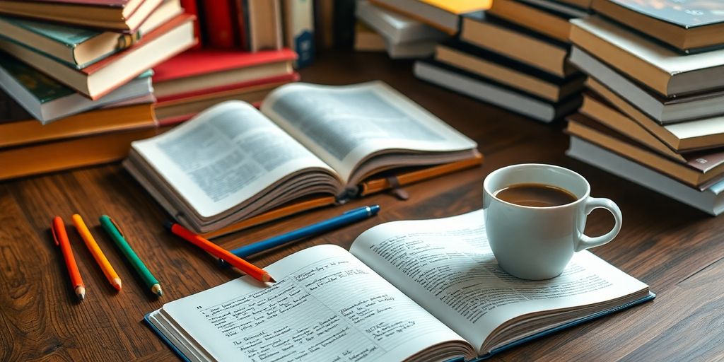 Creative writing workspace with notebook and coffee.