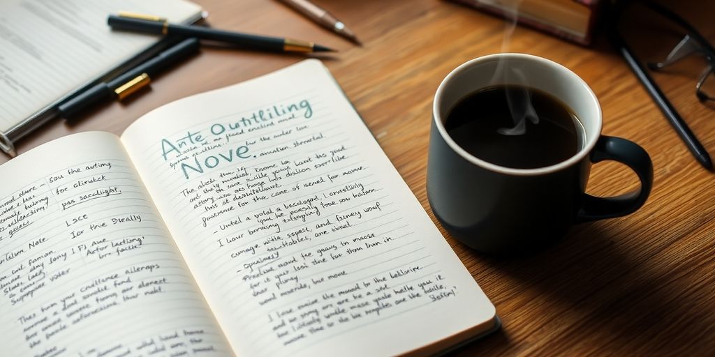 Writer's desk with notebook, pens, and coffee cup.