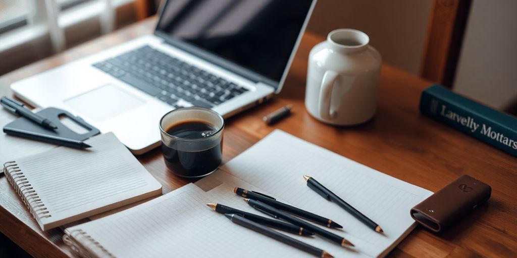 Cozy writing space with laptop and coffee cup.