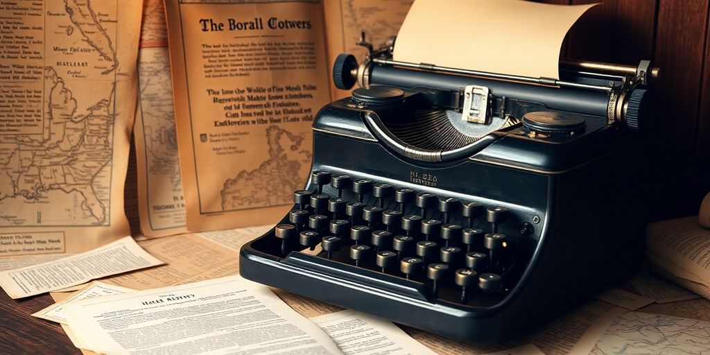 Antique typewriter with historical documents and vintage maps.