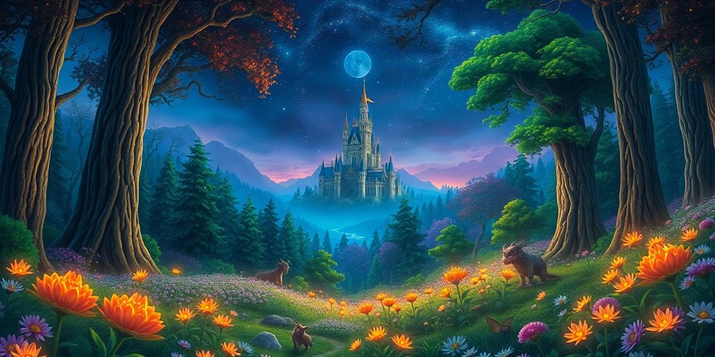 Fantasy forest with glowing flowers and a distant castle.