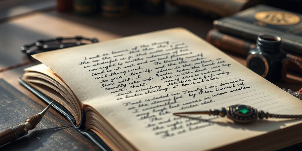 Open notebook with quill and fantasy-themed objects.