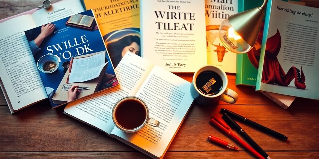 Cozy writing space with notebooks and coffee.