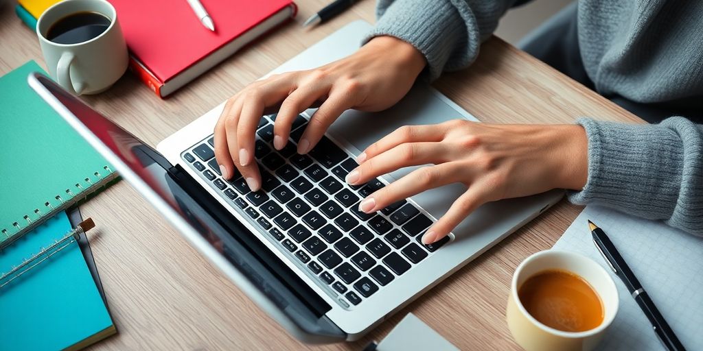 Person typing on a laptop with notebooks and coffee nearby.