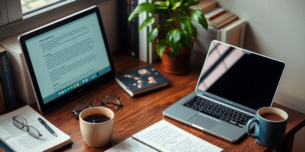 Cozy writing desk with laptop, notepad, and coffee.
