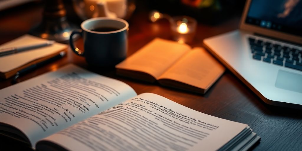 Writer's desk with notebook, coffee, and laptop.