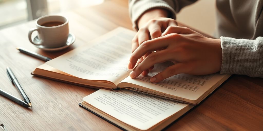 A writer's hands on a desk with notebooks and coffee.